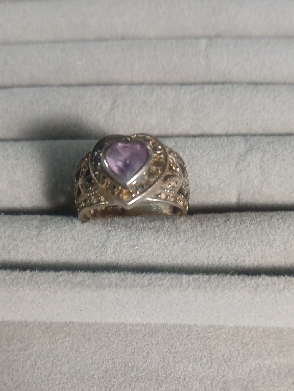 Heart-Shaped Amethyst Sterling Silver Filigree Ring - Purple